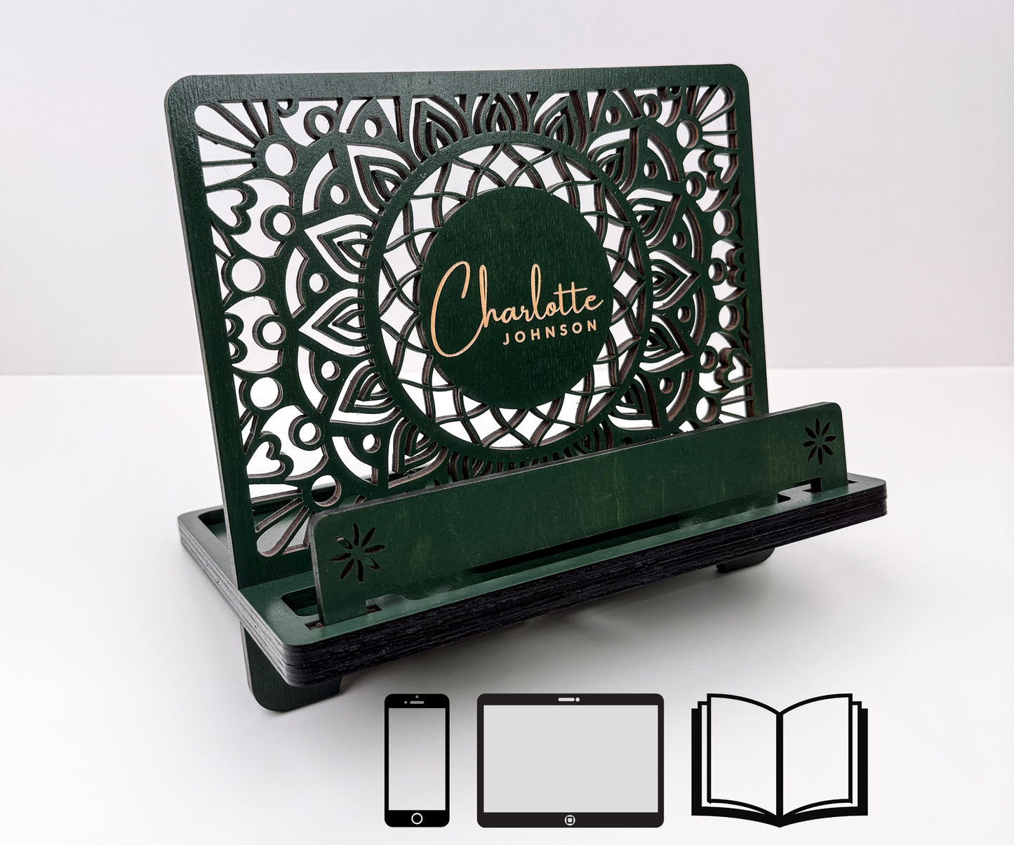 Book Stand with Phone & Tablet Holder, Multi-purpose Wooden Stand,Desk Organizer, Gift for Readers, Mother's Day gift, Personalized Book Rest, Wife Gift