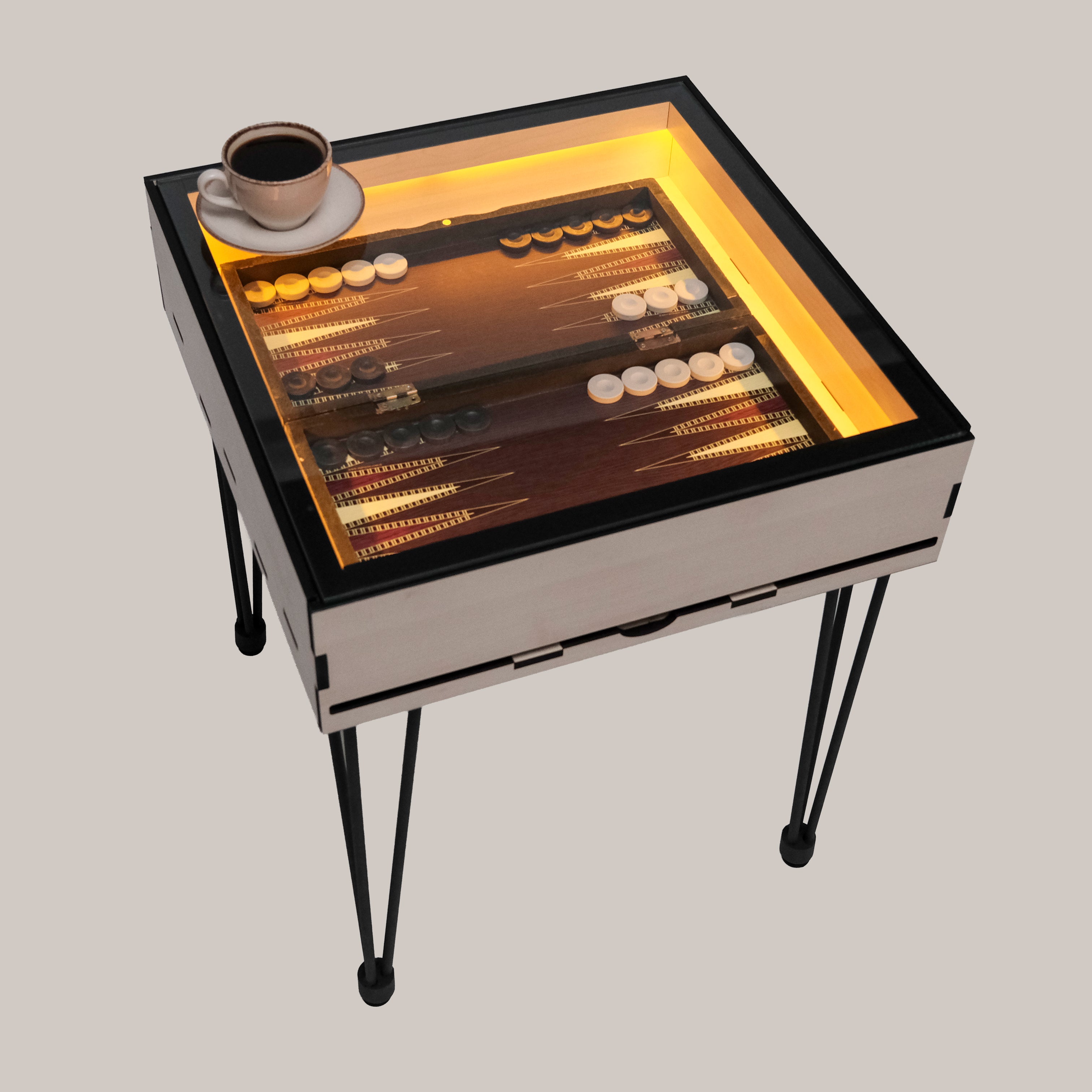 Multifunctional Accessory Display Coffee Table with Removable Glass Top and Hidden Storage Slot for Glass and Chess Board