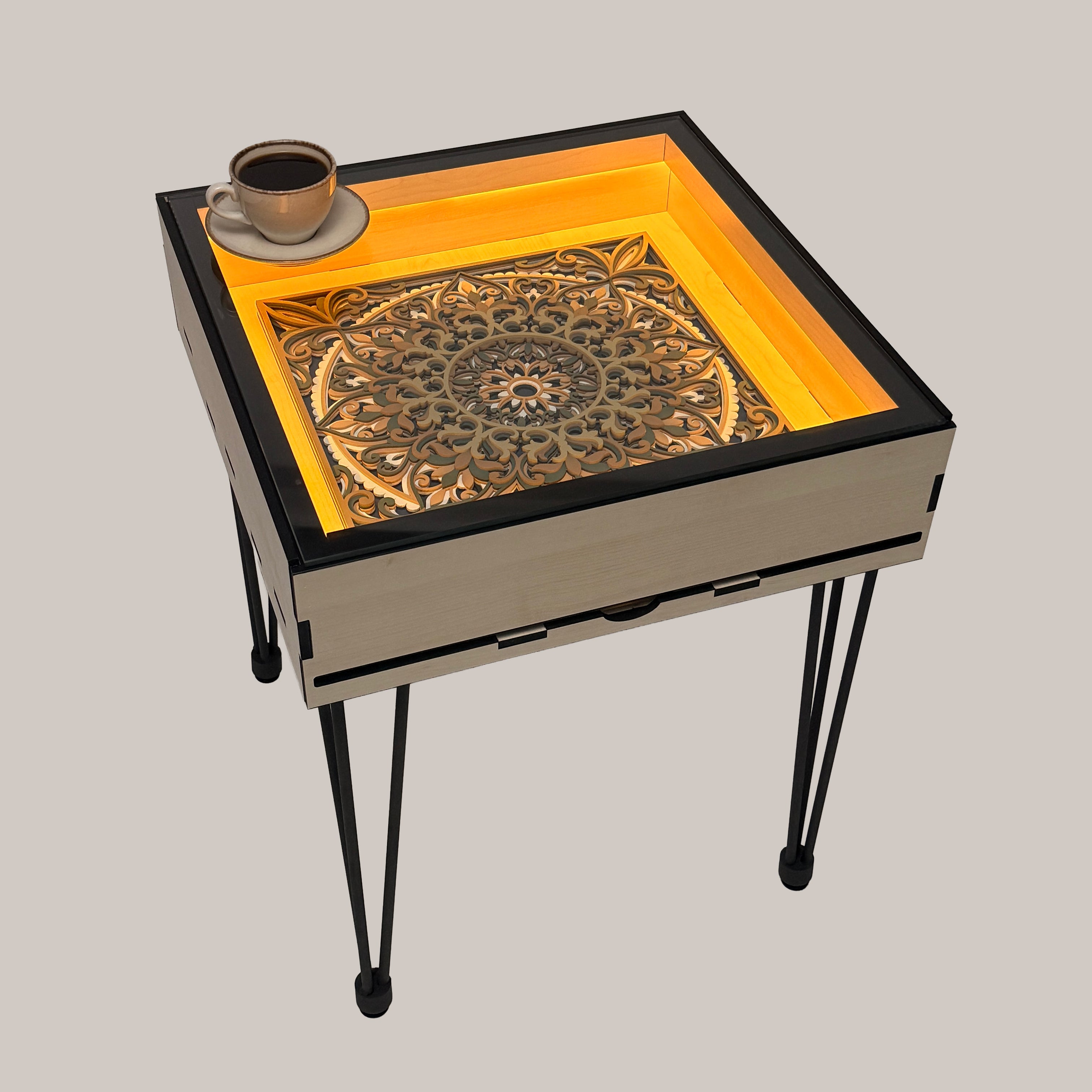 Multifunctional Accessory Display Coffee Table with Removable Glass Top and Hidden Storage Slot for Glass and Chess Board