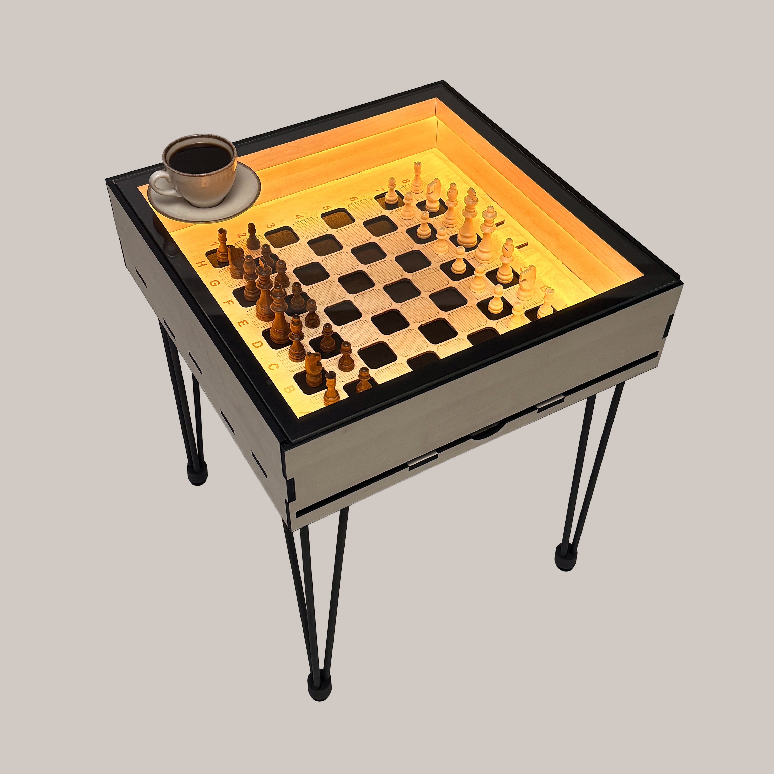 Table de jeu d'échecs avec plateau en verre amovible