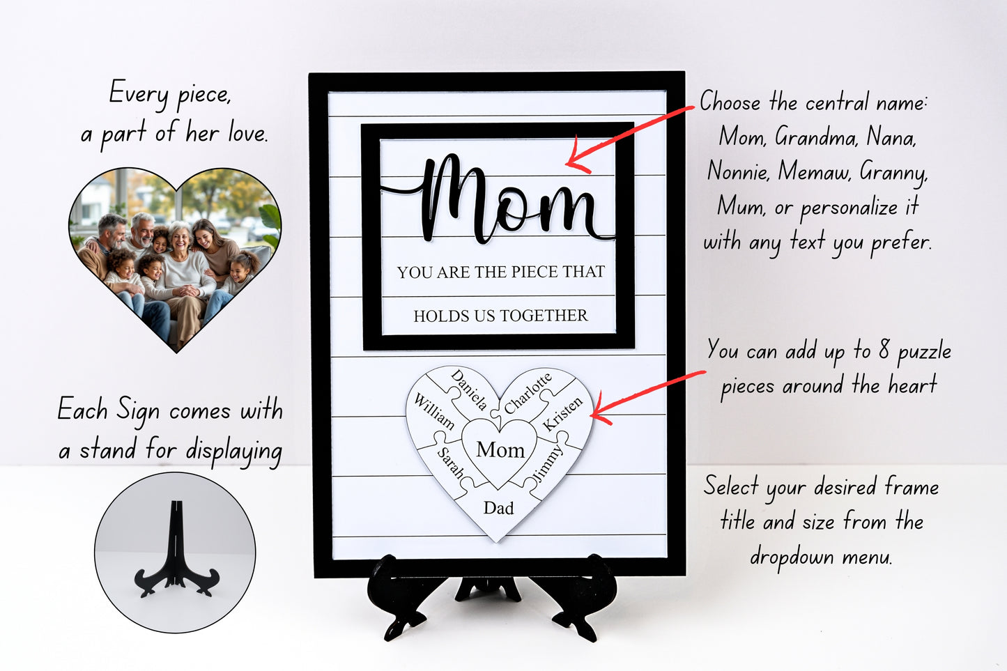 Custom Mothers Day Puzzle Sign for Mom| You are the Piece that holds us together | Personalized Heart-felt Birthday Gift for Mom, Mom Gift