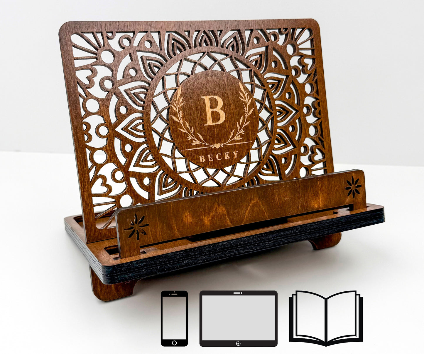 Book Stand with Phone & Tablet Holder, Multi-purpose Wooden Stand,Desk Organizer, Gift for Readers, Mother's Day gift, Personalized Book Rest, Wife Gift
