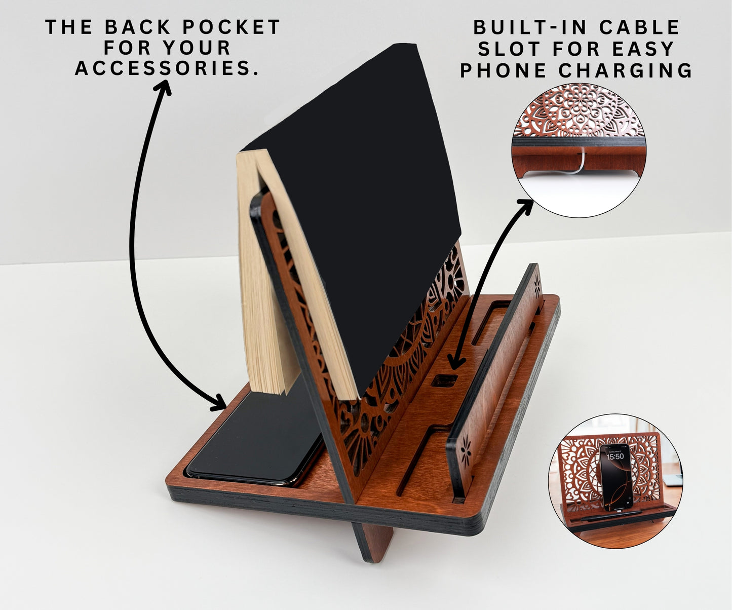 Book Stand with Phone & Tablet Holder, Multi-purpose Wooden Stand,Desk Organizer, Gift for Readers, Mother's Day gift, Personalized Book Rest, Wife Gift