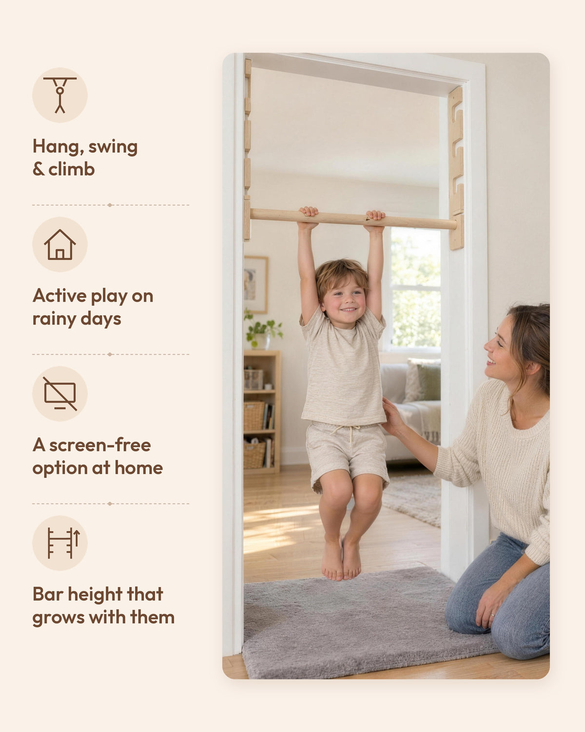 Infographic: hang, swing and climb; active play on rainy days; a screen-free option at home; bar height that grows with them