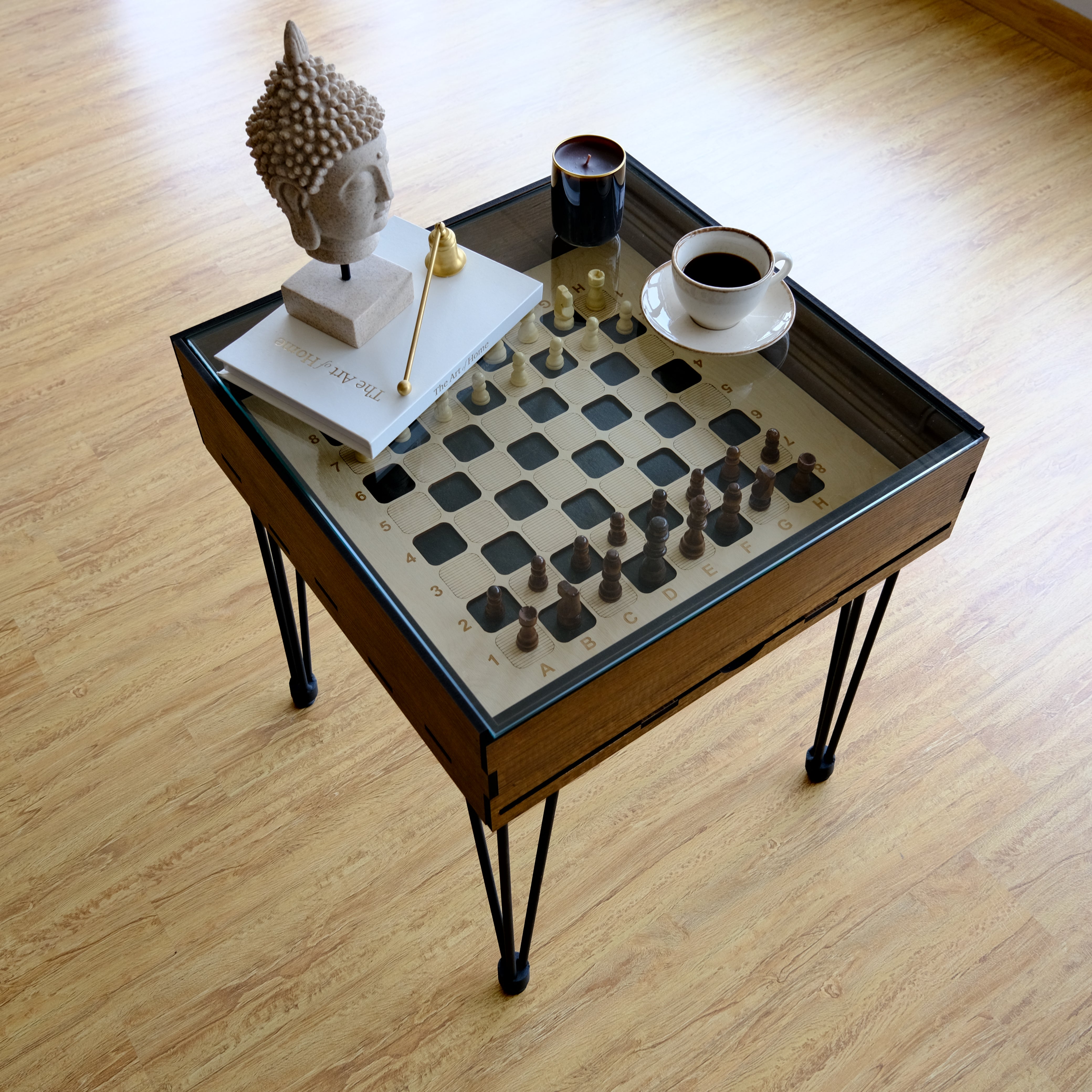 Table de jeu d'échecs avec plateau en verre amovible