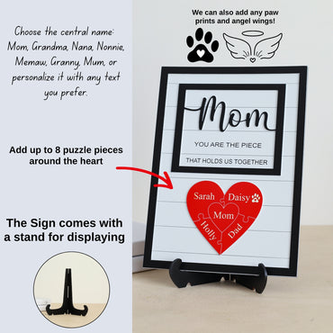 Custom Mothers Day Puzzle Sign for Mom| You are the Piece that holds us together | Personalized Heart-felt Birthday Gift for Mom, Mom Gift