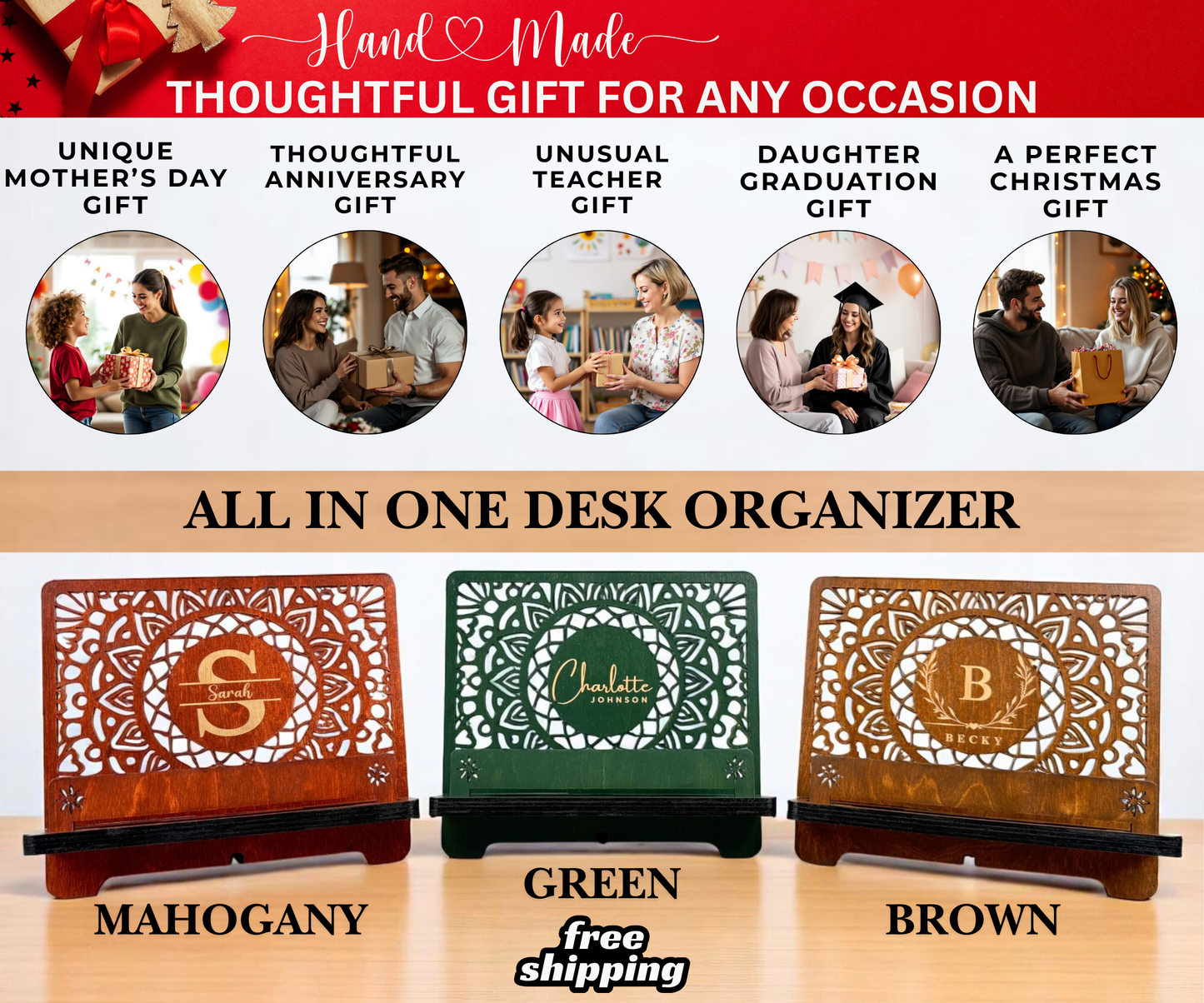 Book Stand with Phone & Tablet Holder, Multi-purpose Wooden Stand,Desk Organizer, Gift for Readers, Mother's Day gift, Personalized Book Rest, Wife Gift