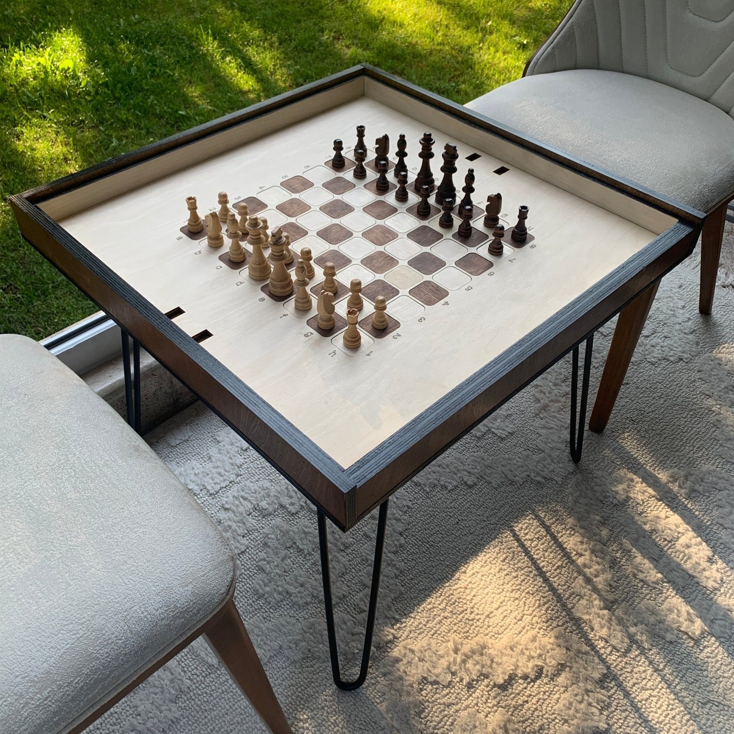 Chess Coffee Table with Removable Glass Top & Chess Pieces – Stylish Modern Game Table for Home Décor and Board Game Enthusiasts