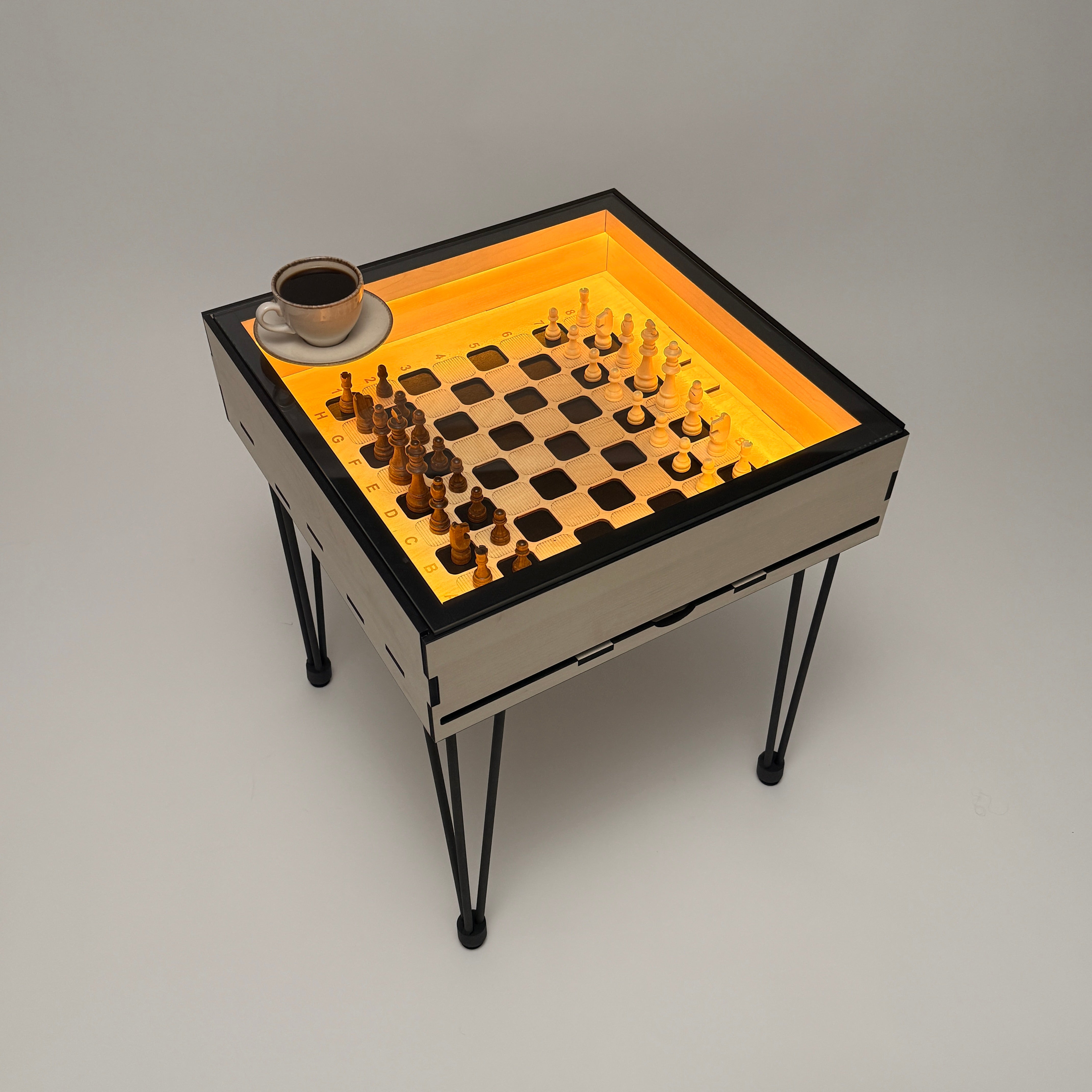 display coffee table, removable glass top, hidden storage slot, chess board insert, amber LED coffee table