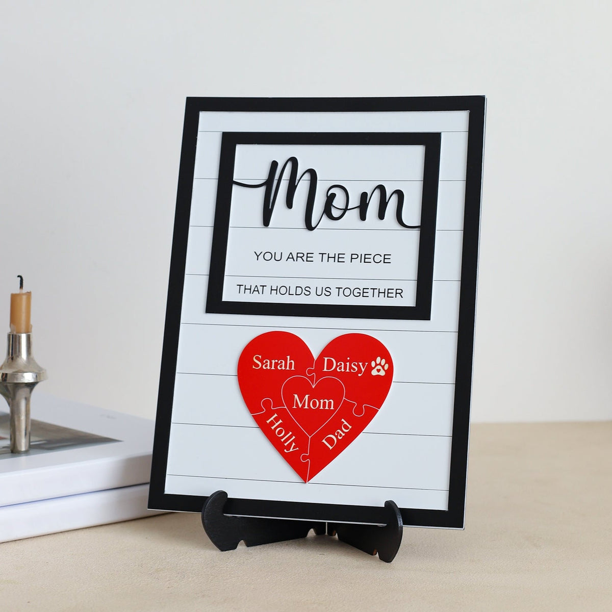 Personalized family puzzle sign for Mom with engraved names in a wooden frame