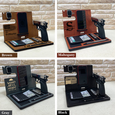 Personalized black wooden Docking Station with custom engraved initial and name. Personalized gifts for police officer which include holders for an Apple Watch, smartphone, wallet, pen, and a dedicated slot for a handgun. The stand is organized to keep everyday carry items neatly in place. ideal gifts for law enforcement, police retirement and the one who have gun.