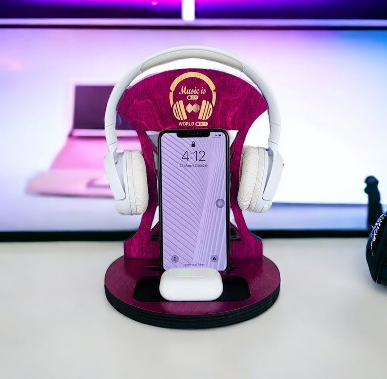 Personalized Wood Phone Stand and Headset Stand_Venocci