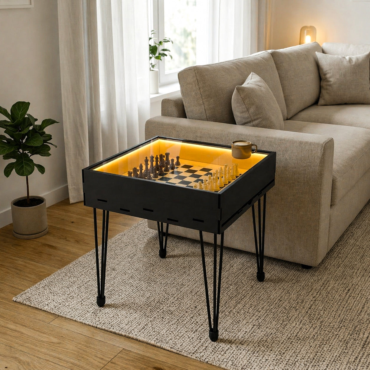 Multifunctional Accessory Display Coffee Table with Removable Glass Top and Hidden Storage Slot for Glass and Chess Board