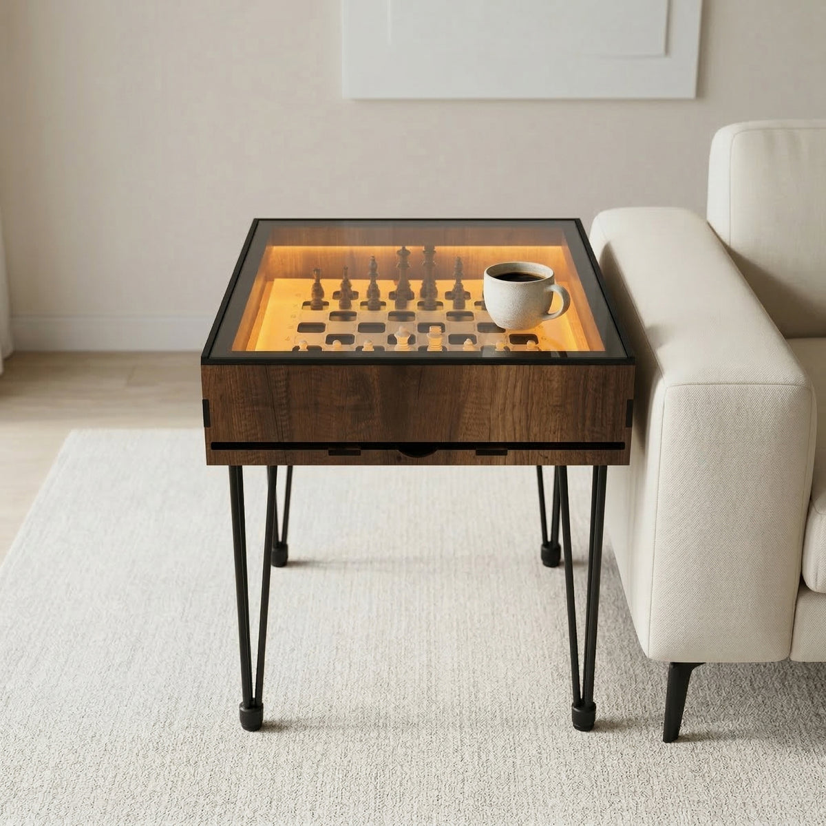 Brown LED Edition display side table with a chess set and a coffee cup beside a white armchair