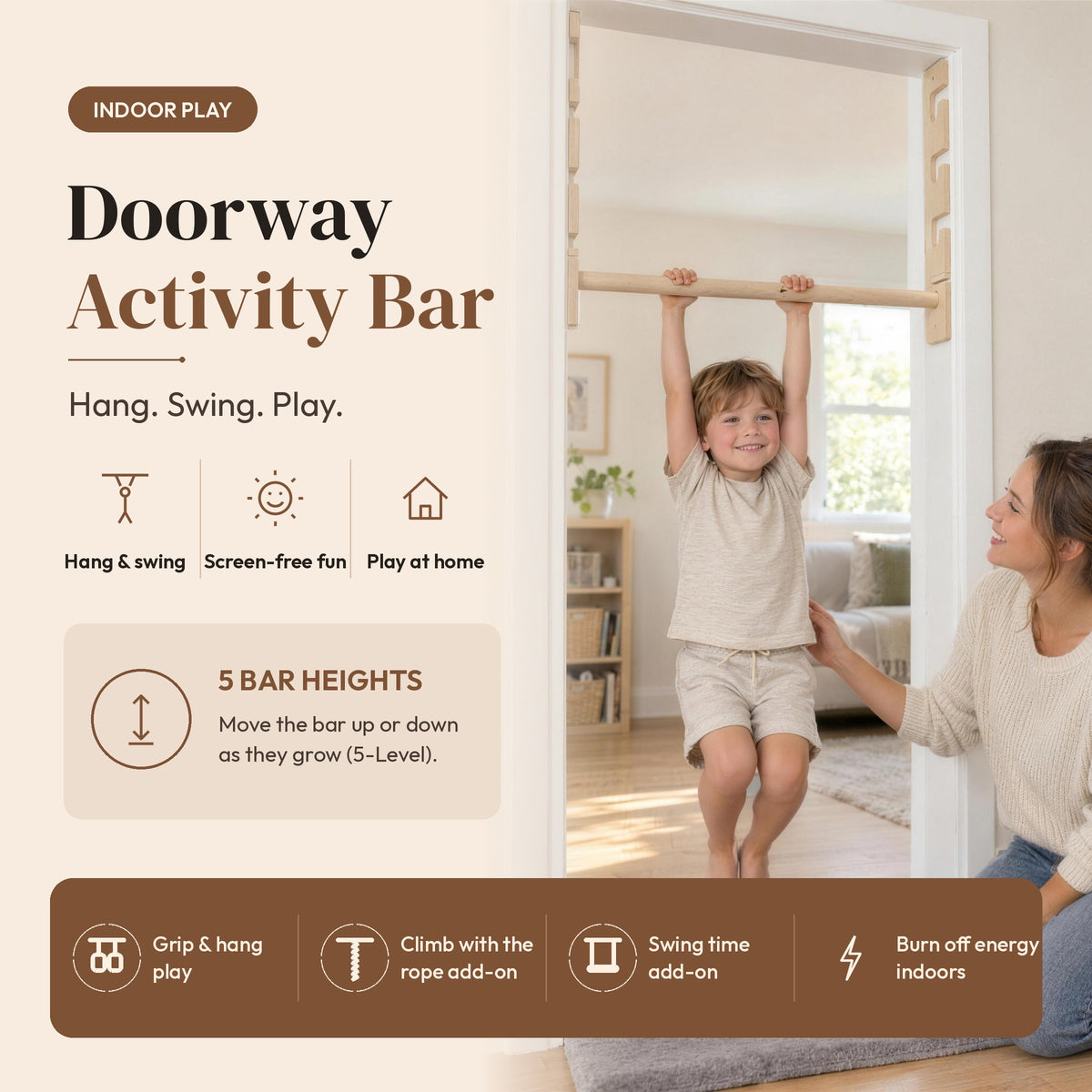 Doorway Activity Bar infographic: hang and swing, screen-free fun, play at home, five bar heights on the 5-Level model