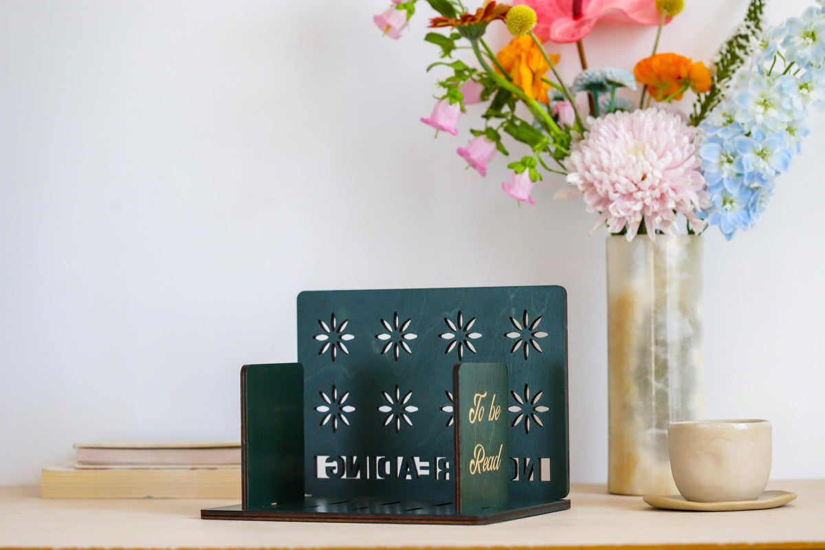 Personalized wooden book holder stand with To Be Read shelf and Now Reading book rest