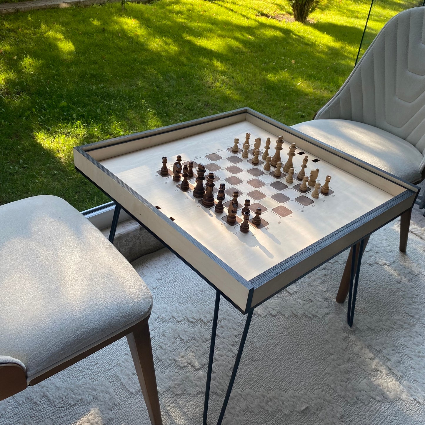 Chess Coffee Table with Removable Glass Top & Chess Pieces – Stylish Modern Game Table for Home Décor and Board Game Enthusiasts
