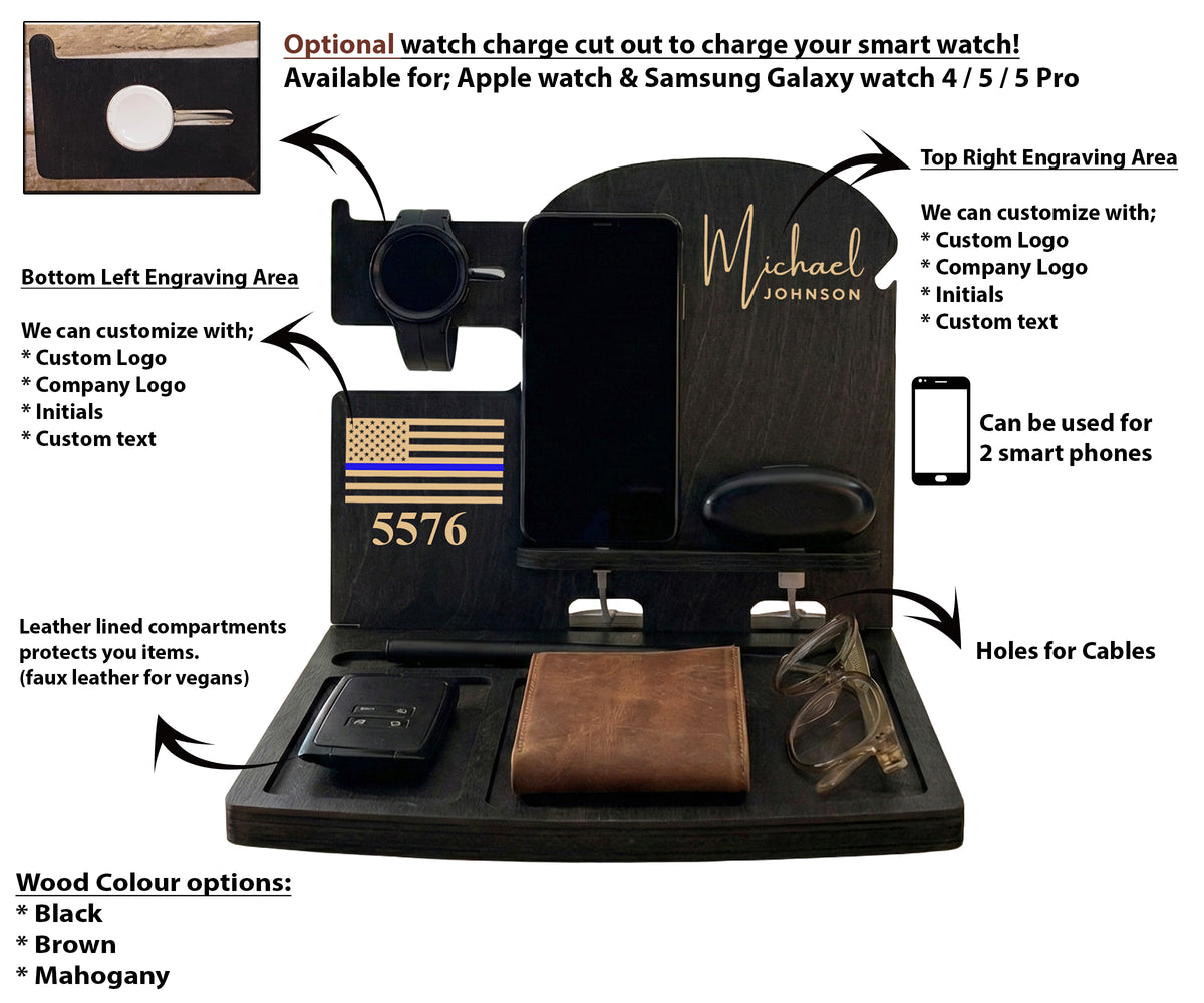 Personalized Phone & Watch Docking Station – Wooden Desk Organizer