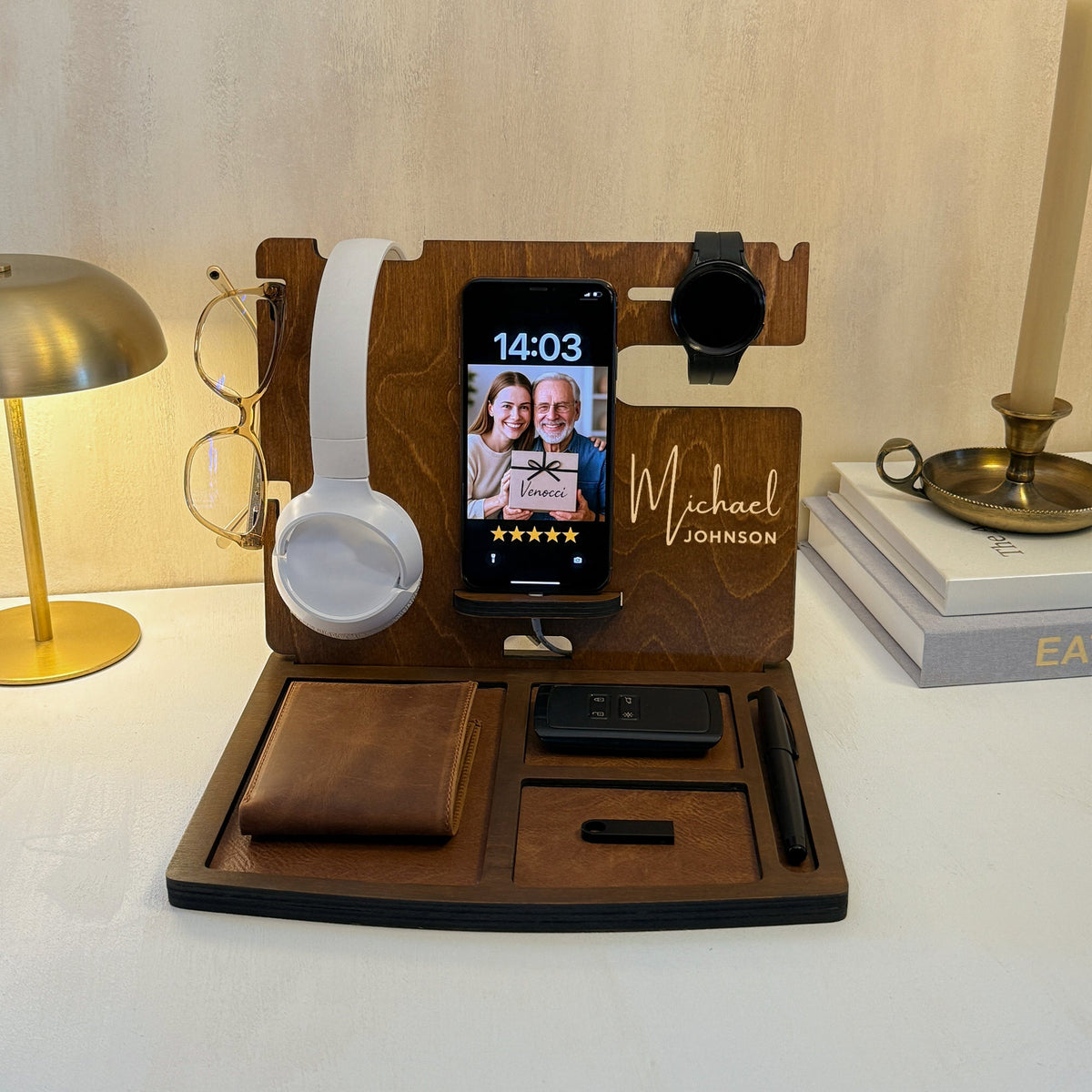 Personalized wooden gifts for him – docking stations, controller stands, book stands, handmade birch wood gifts by Venocci.