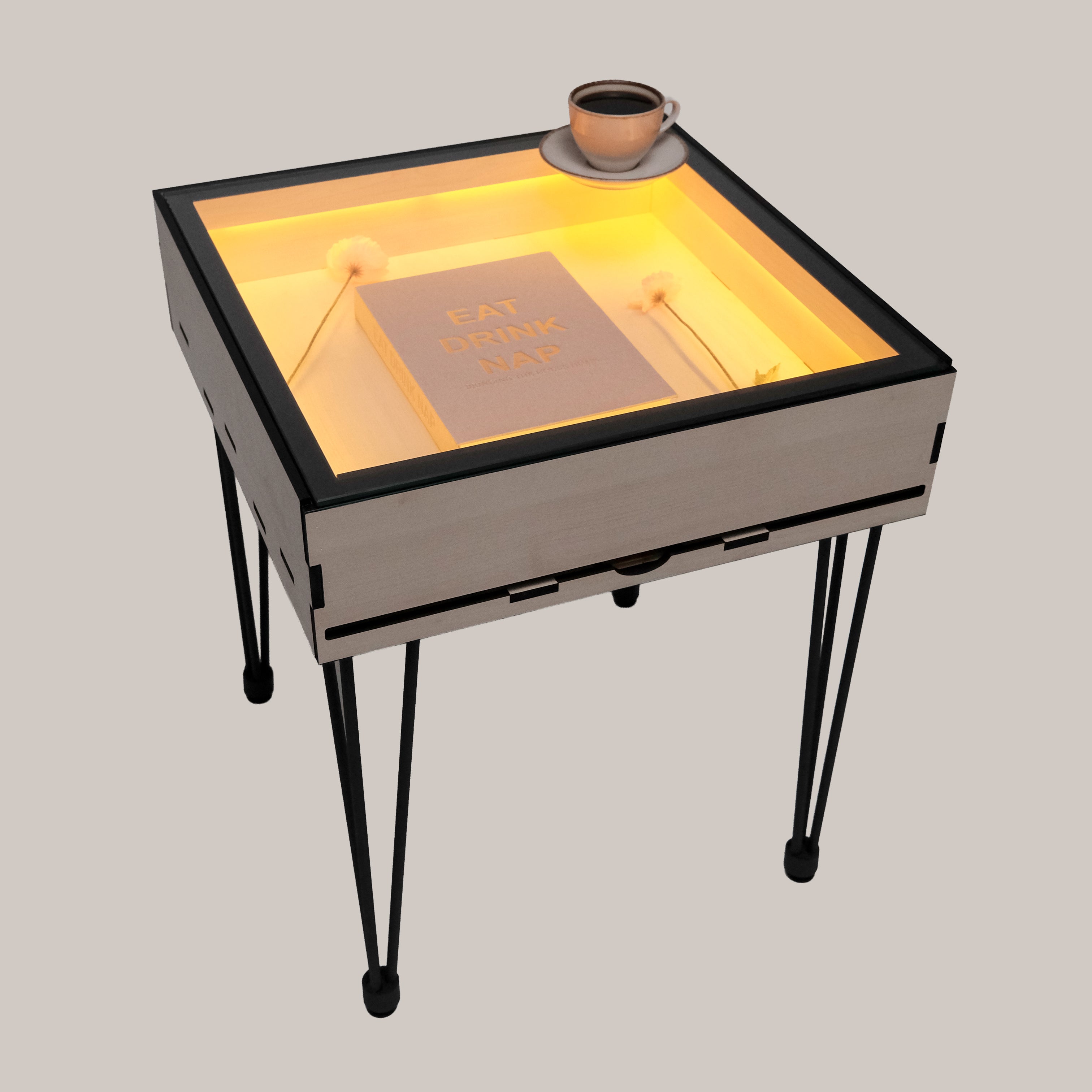 Multifunctional Accessory Display Coffee Table with Removable Glass Top and Hidden Storage Slot for Glass and Chess Board