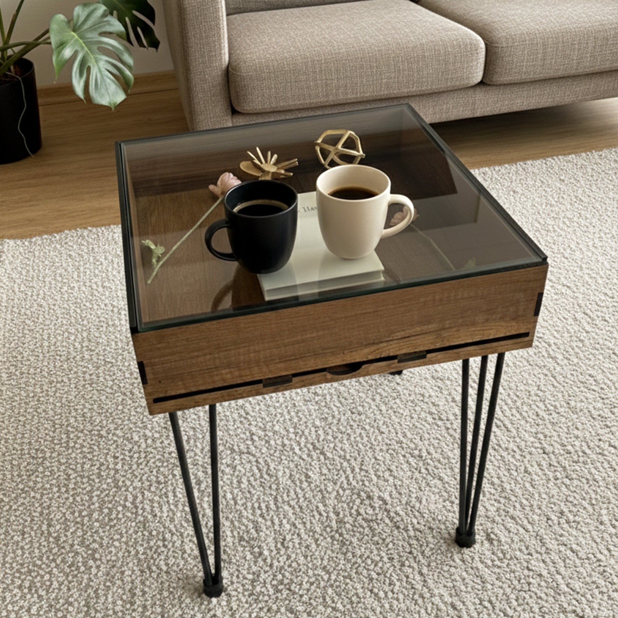 Multifunctional Accessory Display Coffee Table with Removable Glass Top and Hidden Storage Slot for Glass and Chess Board