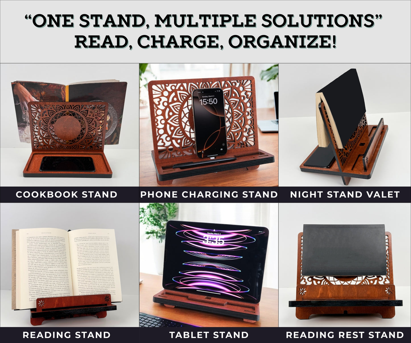 Book Stand with Phone & Tablet Holder, Multi-purpose Wooden Stand,Desk Organizer, Gift for Readers, Mother's Day gift, Personalized Book Rest, Wife Gift