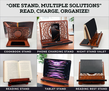 Book Stand with Phone & Tablet Holder, Multi-purpose Wooden Stand,Desk Organizer, Gift for Readers, Mother's Day gift, Personalized Book Rest, Wife Gift