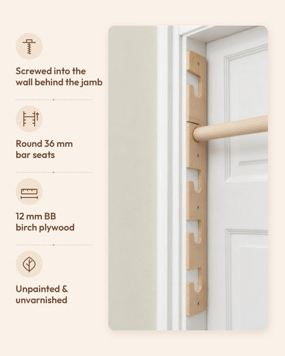 Infographic of mounting and materials: screwed into the wall behind the jamb, round 36 mm bar seats, 12 mm BB birch plywood, unpainted and unvarnished