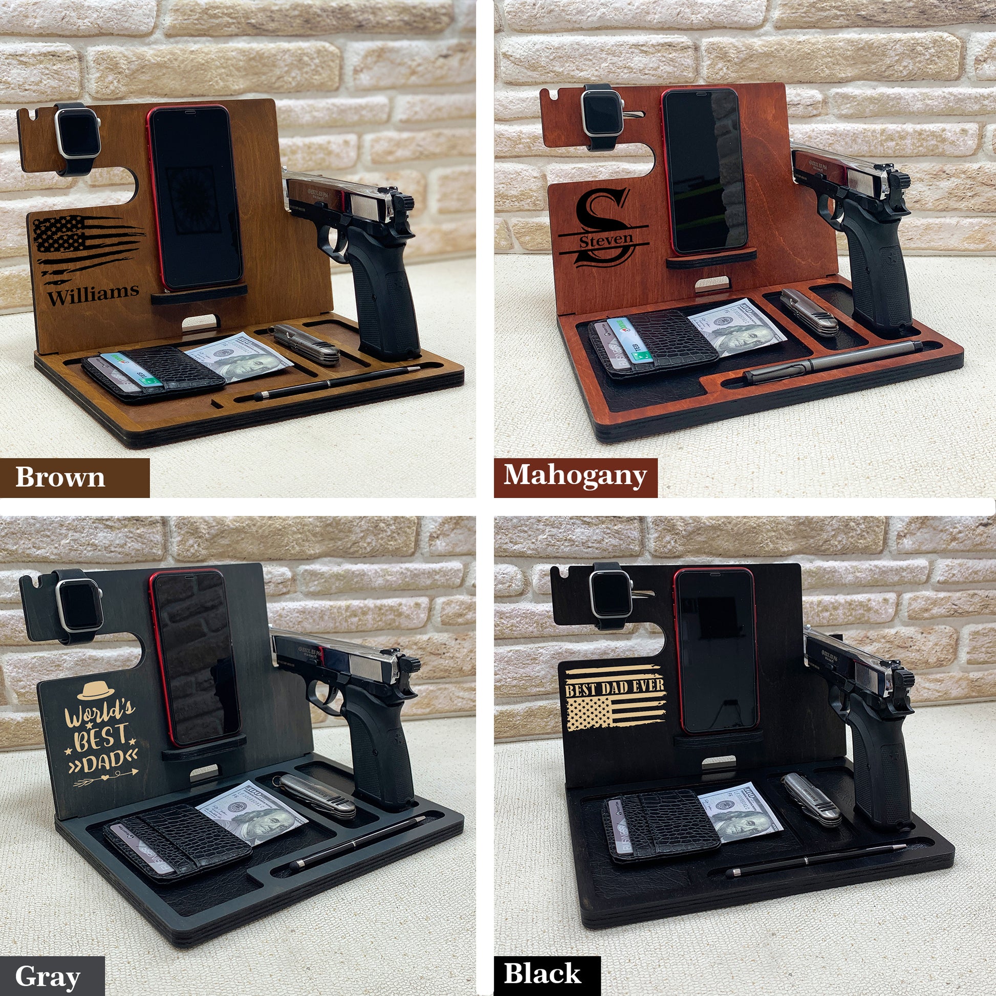Personalized black wooden Docking Station with custom engraved initial and name. Personalized gifts for police officer which include holders for an Apple Watch, smartphone, wallet, pen, and a dedicated slot for a handgun. The stand is organized to keep everyday carry items neatly in place. ideal gifts for law enforcement, police retirement and the one who have gun. 