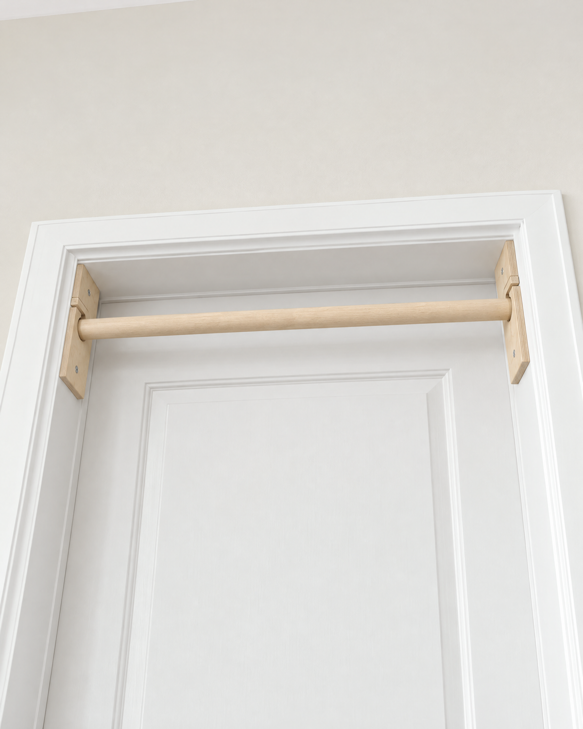 Single-Level Venocci wooden doorway bar installed inside a white door frame