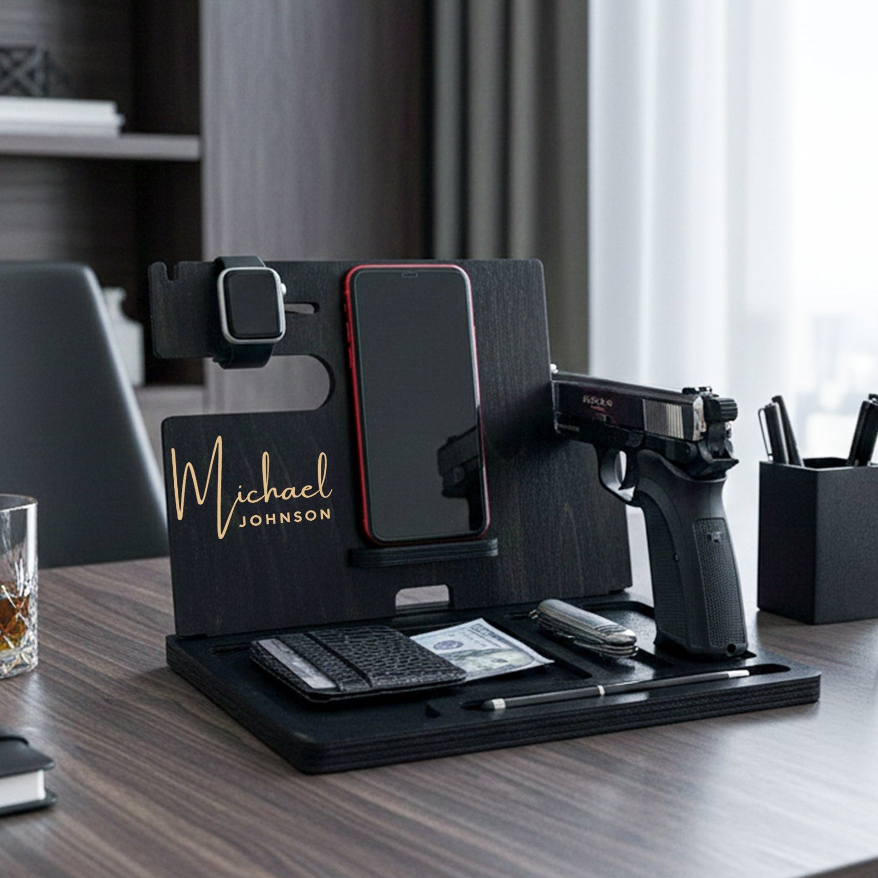 Desk organizer with phone stand, pen holder, and other office supplies on a desk.