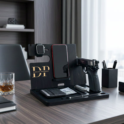 Organisateur de bureau en bois avec porte-pistolet