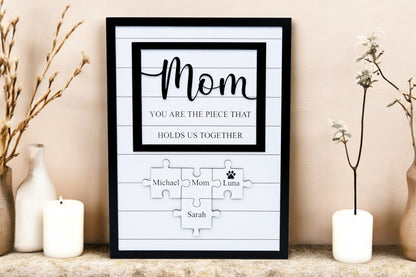 Personalized Puzzle Sign for Mom, Custom Family Name Sign, Mother's Day Gift from Kids, You Are the Piece That Holds Us, Grandma Gift
