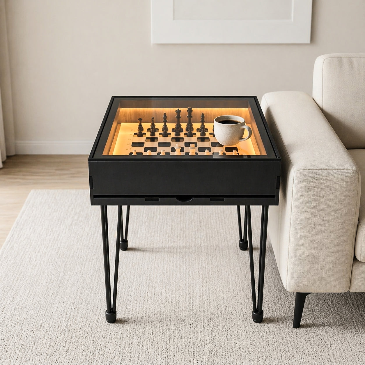 Multifunctional Accessory Display Coffee Table with Removable Glass Top and Hidden Storage Slot for Glass and Chess Board