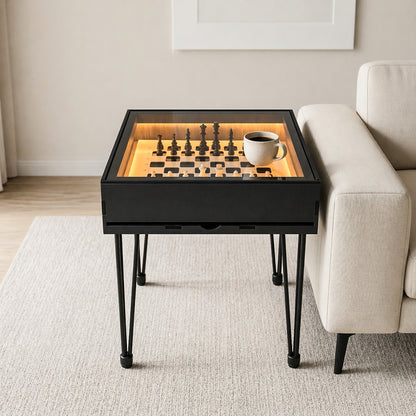 Multifunctional Accessory Display Coffee Table with Removable Glass Top and Hidden Storage Slot for Glass and Chess Board