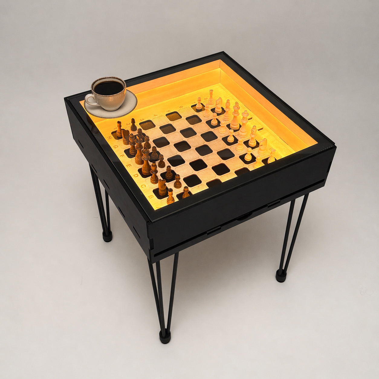 Multifunctional Accessory Display Coffee Table with Removable Glass Top and Hidden Storage Slot for Glass and Chess Board