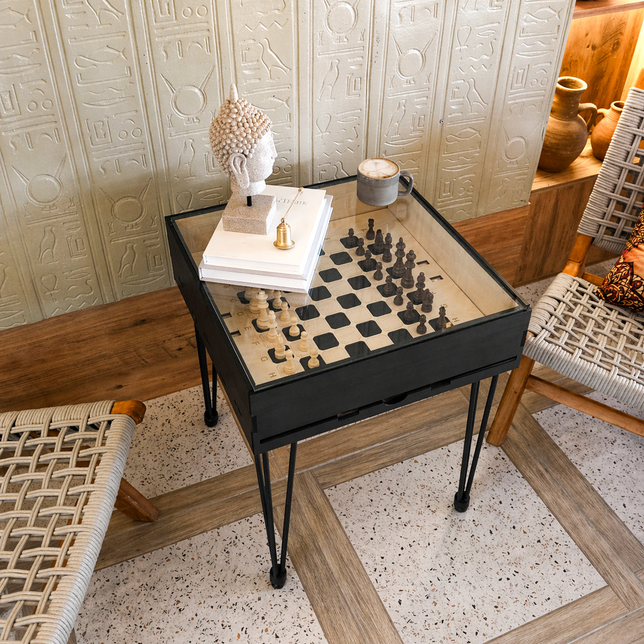 Multifunctional Accessory Display Coffee Table with Removable Glass Top and Hidden Storage Slot for Glass and Chess Board
