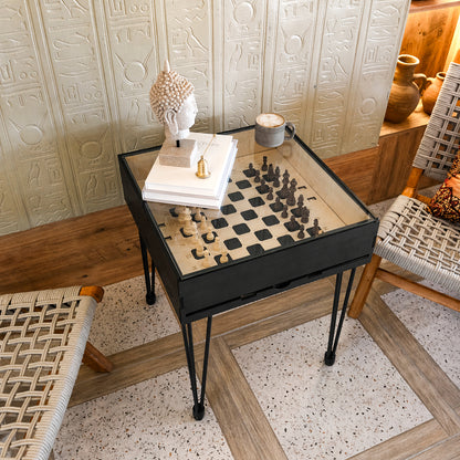 Multifunctional Accessory Display Coffee Table with Removable Glass Top and Hidden Storage Slot for Glass and Chess Board