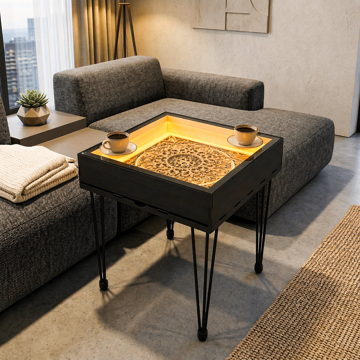Multifunctional Accessory Display Coffee Table with Removable Glass Top and Hidden Storage Slot for Glass and Chess Board