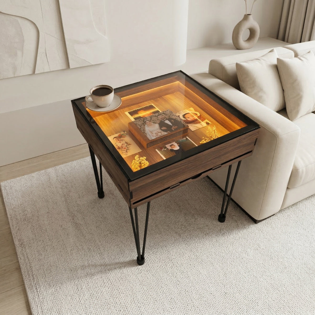 Brown LED Edition display side table with photos and keepsakes under the glass top