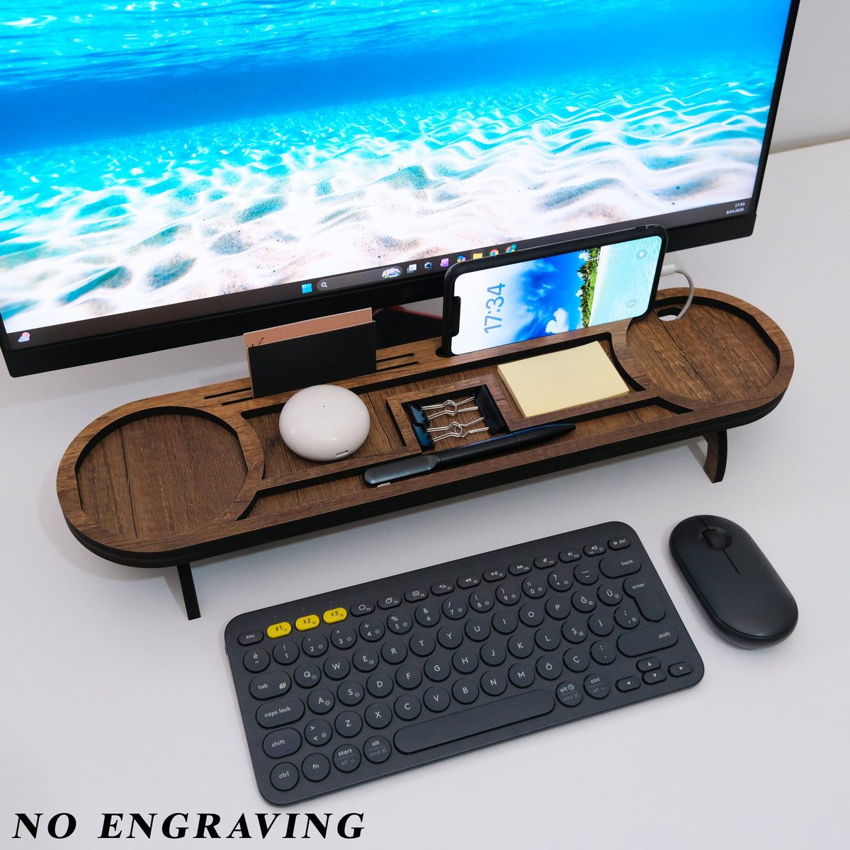 Brown desk organizer without engraving, with round trays, phone stand and pen compartment
