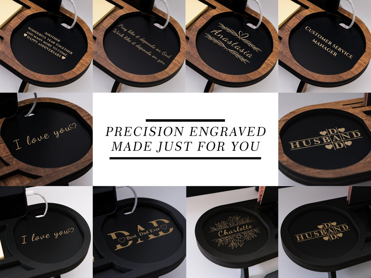 Engraved brown and black desk organizer trays showing name, title and message engraving examples