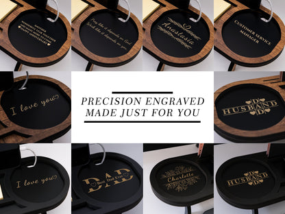 Engraved brown and black desk organizer trays showing name, title and message engraving examples