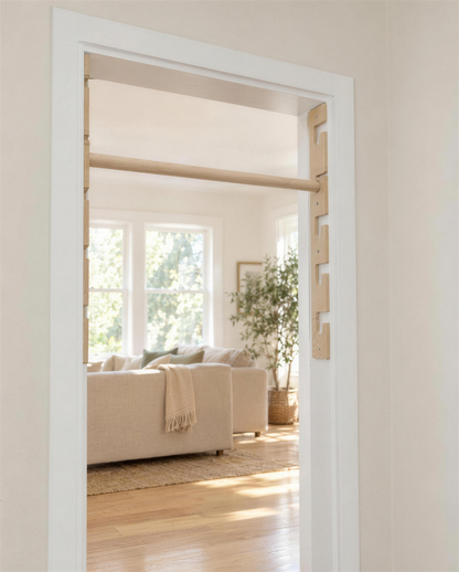 Venocci 5-Level wooden doorway activity bar installed inside a white door frame, birch plywood side supports and round hornbeam bar