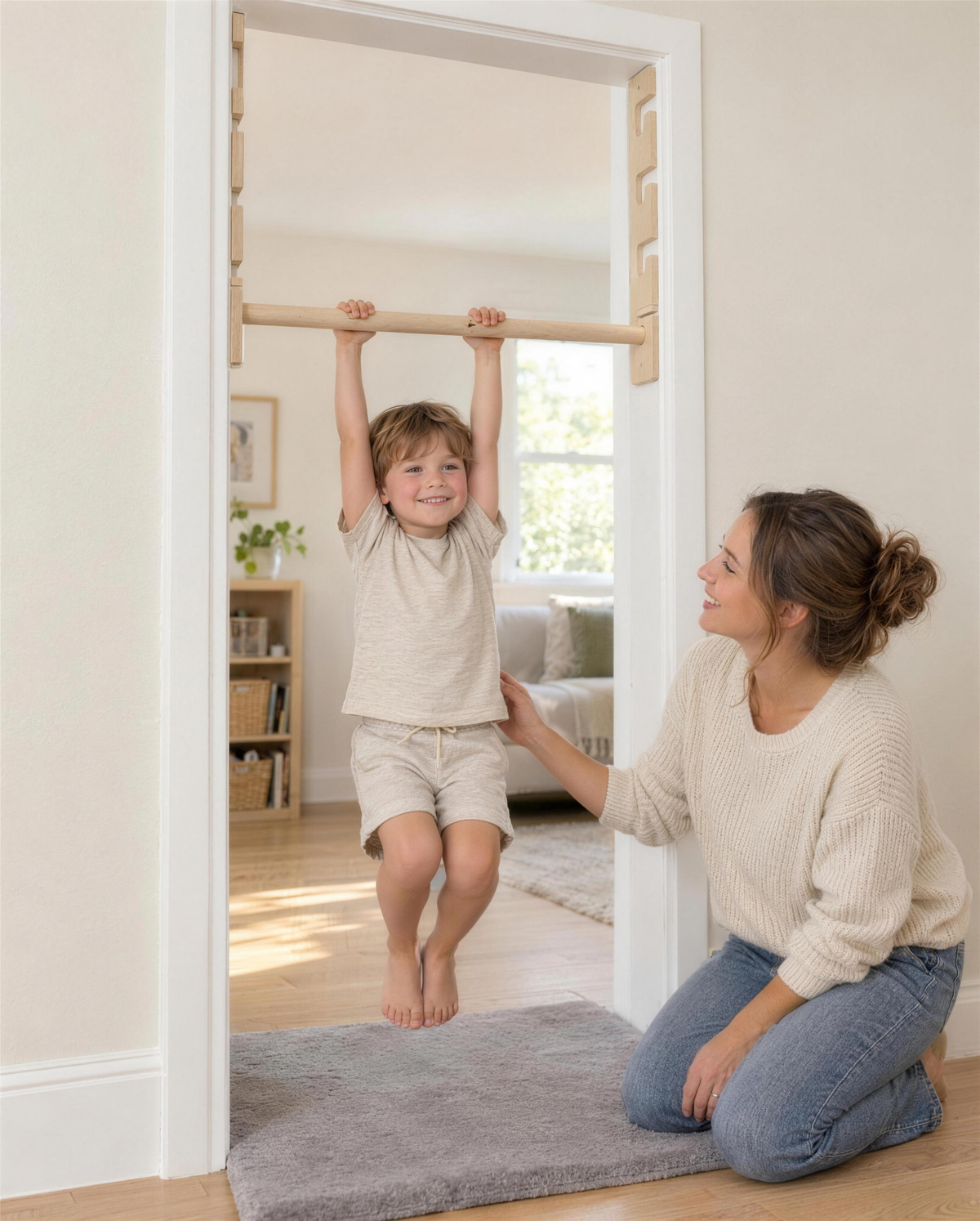Child hanging from the doorway bar set in its lowest position above a play mat while a parent kneels beside him
