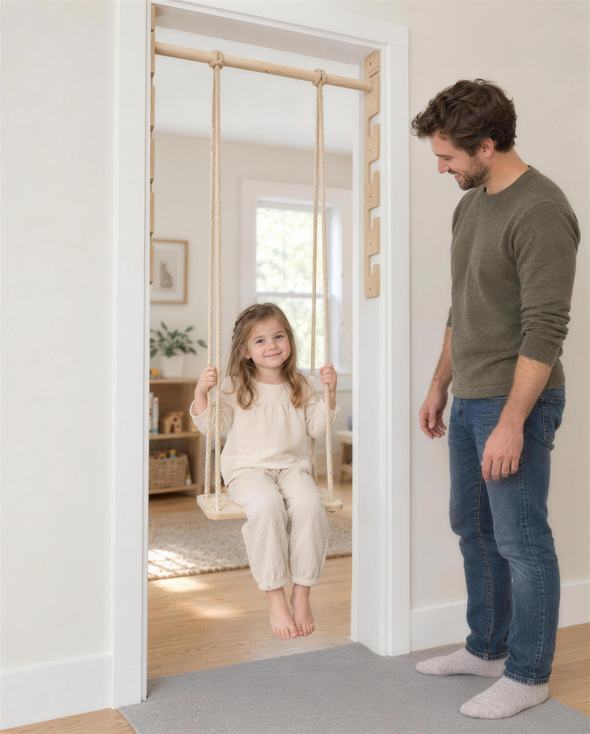 Child sitting on the optional birch plywood swing hung from the doorway bar, with a parent standing next to her
