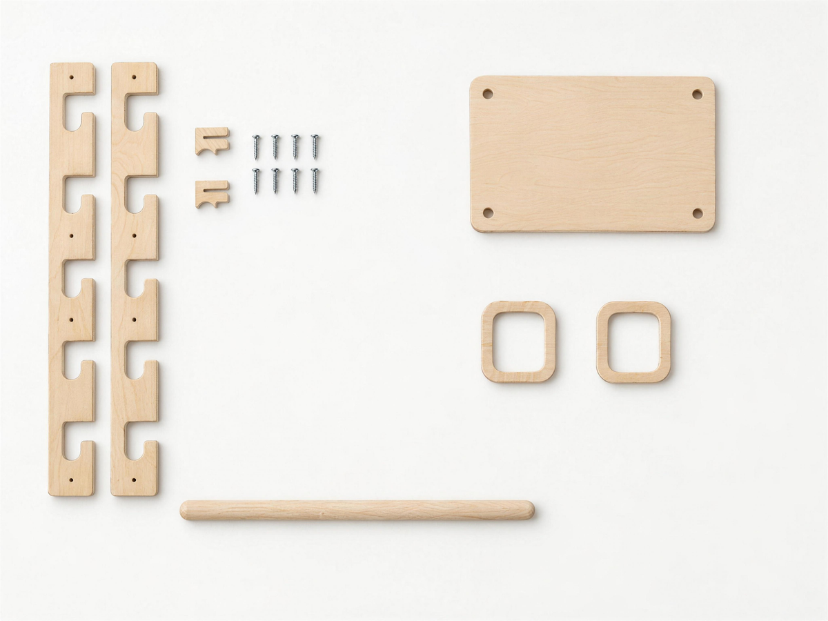 5-Level base set laid flat: two side supports, round bar, locking pieces and screws, next to the optional swing seat and acrobatic ring set
