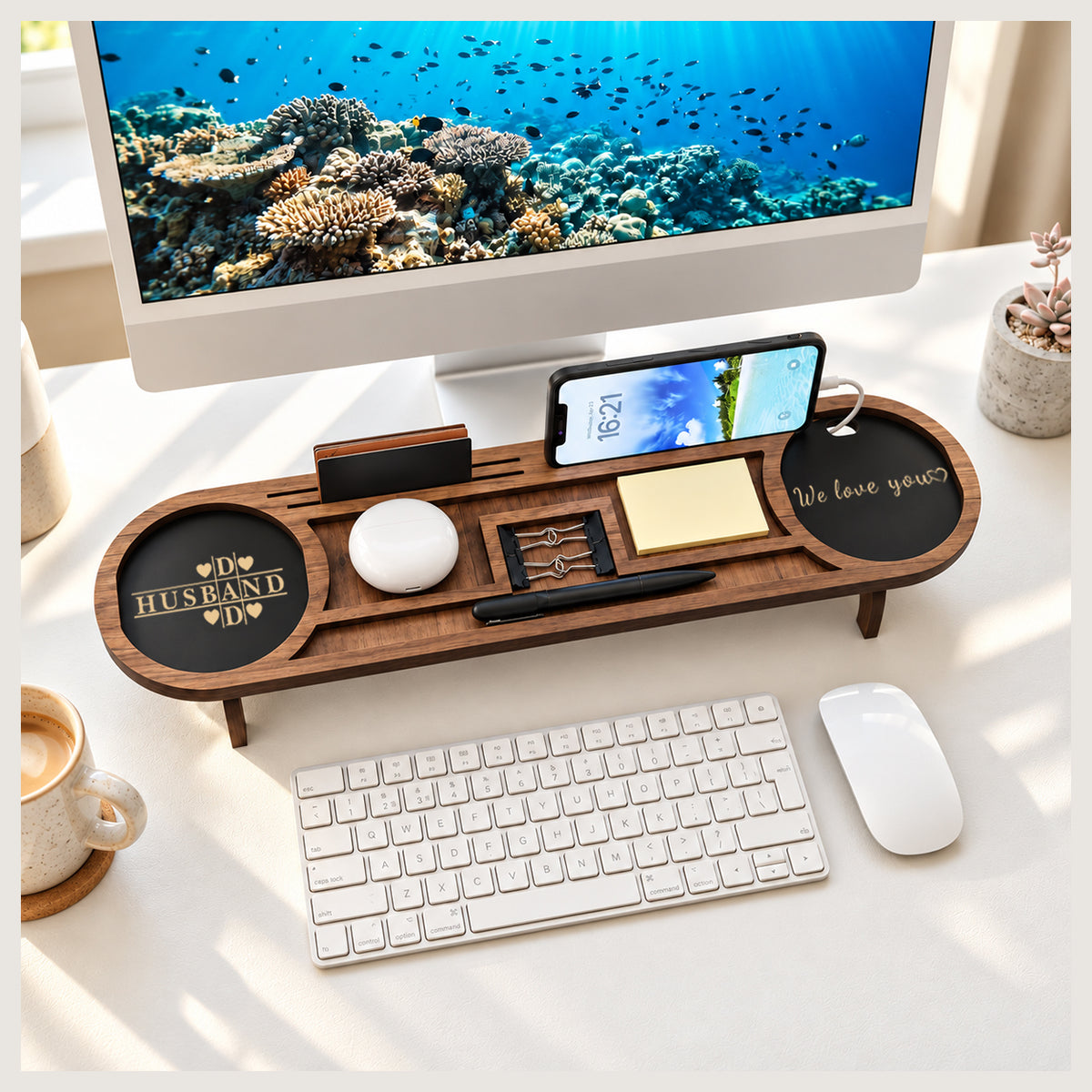 Personalized Wood Desk Organizer I Office Desk Accessories I Custom Tablet and Phone Stand I  Custom Docking Station I Organizer Gift