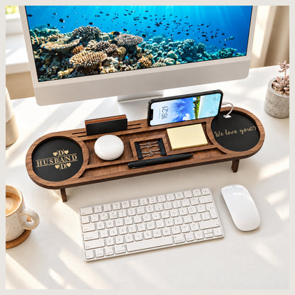 Brown personalized desk organizer with HUSBAND and 'We love you' engraving, phone stand and desk valet compartments