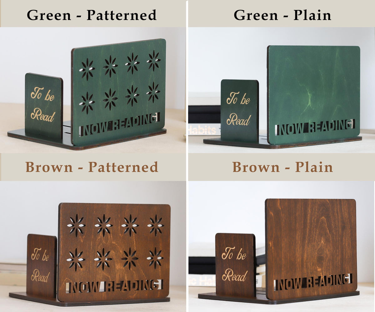 Personalized wooden book holder stand with To Be Read shelf and Now Reading book rest